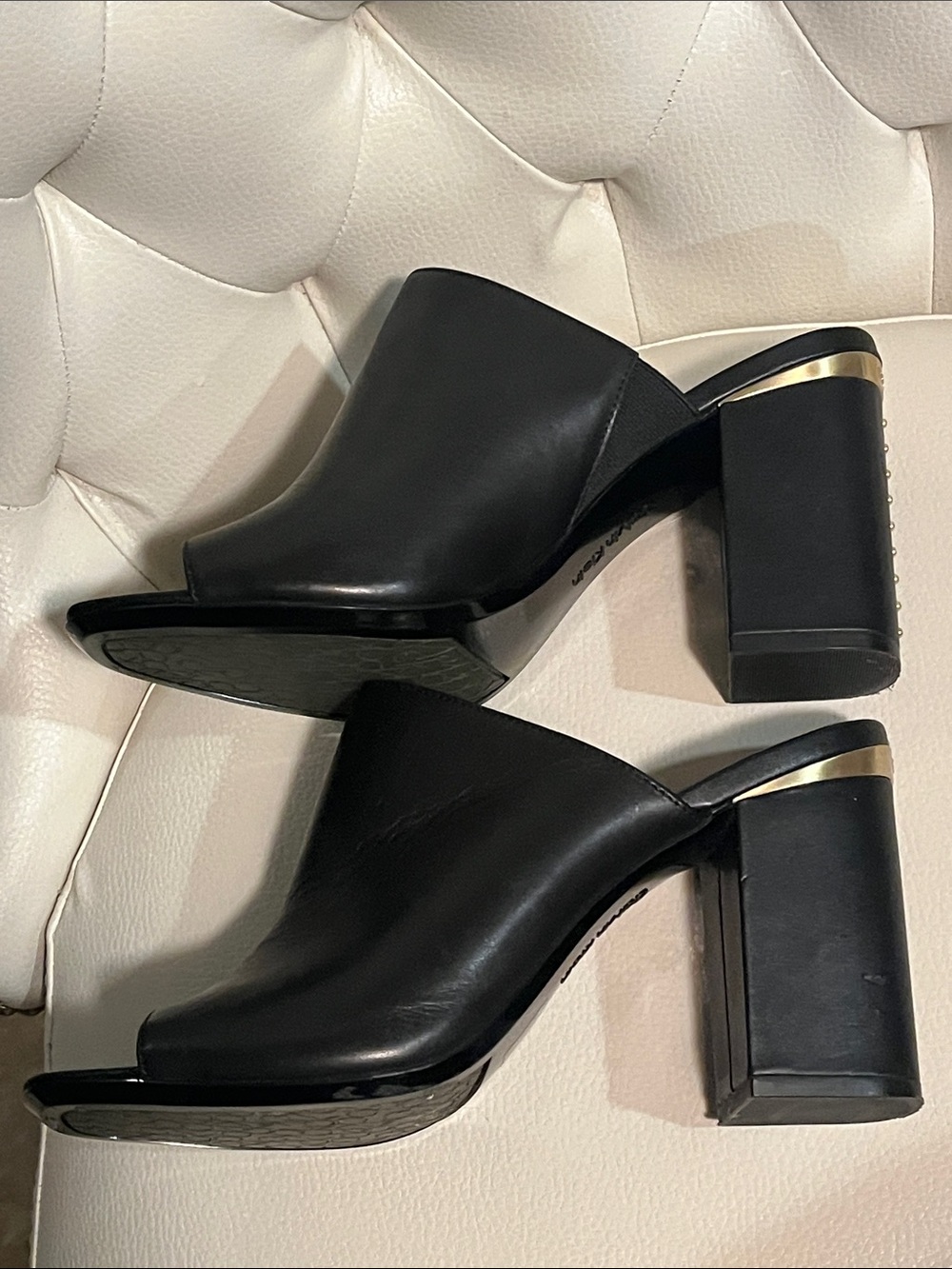 Calvin Klein Black Leather Open-Peep Block Heel Mules - Picture 11 of 14